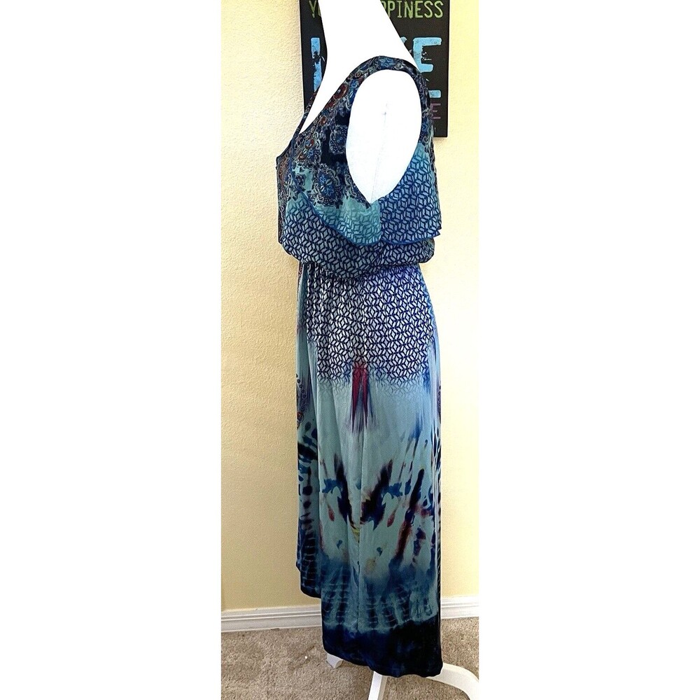 One World Paisley Boho Blue Ruffle Sleeveless Hi Lo Empire Waist Dress S - Picture 4 of 9
